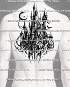 Gothic castle tattoo stencil shown on men's back placement with tall spires, crescent moon, bats, gate details, and dark linework.