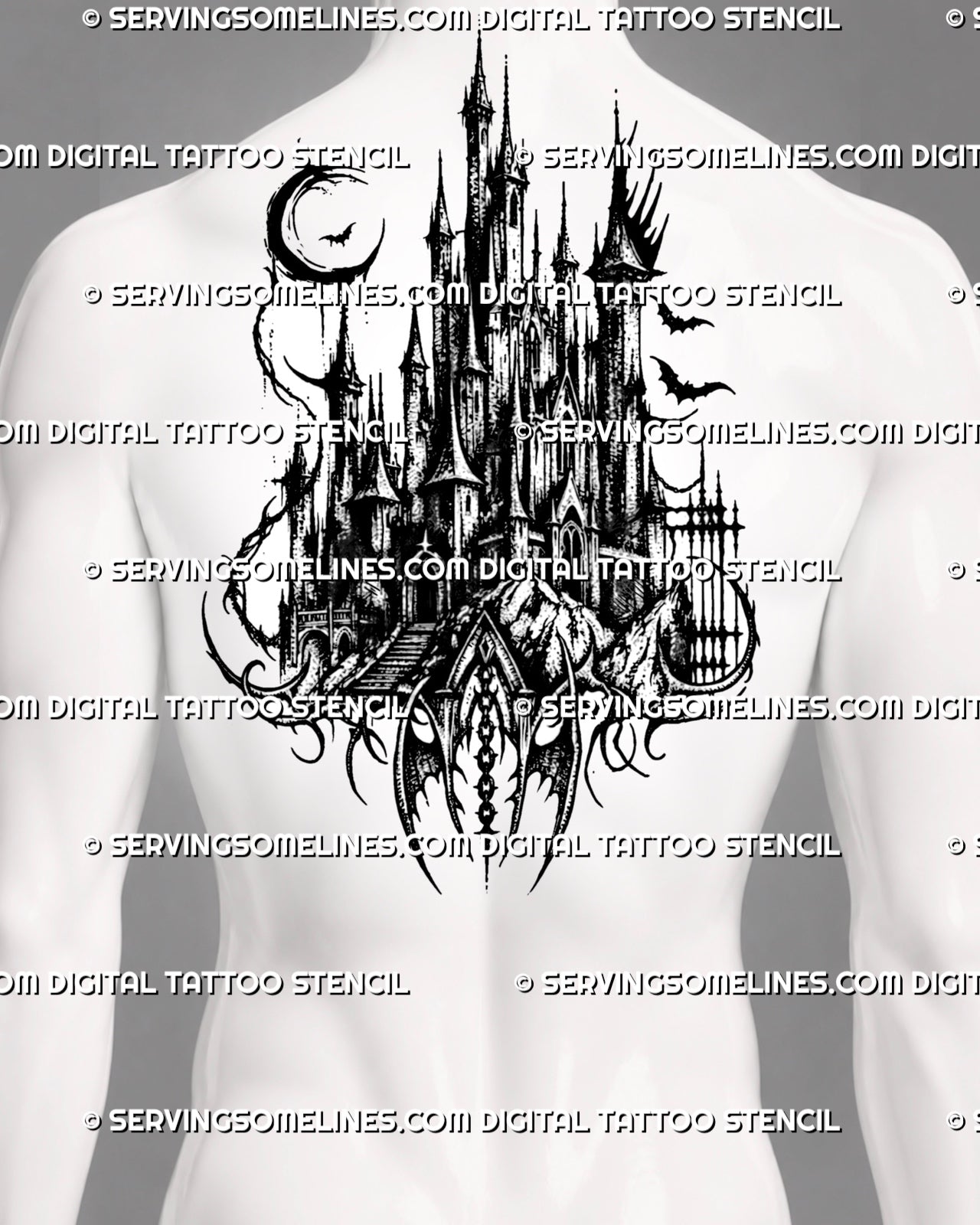 Gothic castle tattoo stencil shown on men's back placement with tall spires, crescent moon, bats, gate details, and dark linework.