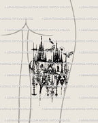 Tattoo stencil displayed on back of thigh, gothic castle cybersigilism cathedral design in blackwork architectural line art.