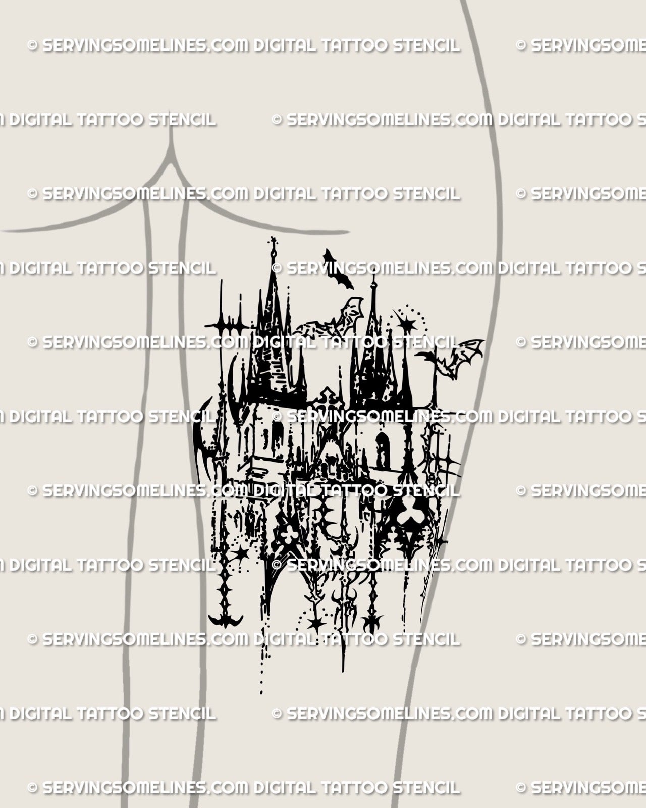 Tattoo stencil displayed on back of thigh, gothic castle cybersigilism cathedral design in blackwork architectural line art.
