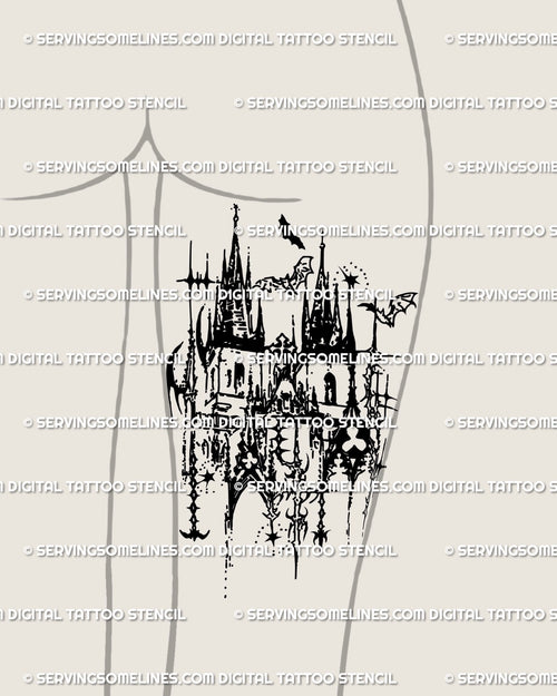 Tattoo stencil displayed on back of thigh, gothic castle cybersigilism cathedral design in blackwork architectural line art.