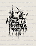 Gothic cathedral cybersigilism tattoo stencil design, detailed blackwork line art with haunted church and castle architecture.