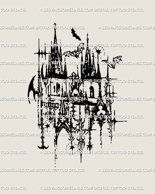 Gothic cathedral cybersigilism tattoo stencil with detailed blackwork line art, haunted church and castle architecture