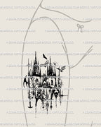 Female front thigh tattoo mockup, gothic cathedral cybersigilism castle stencil design with blackwork medieval architecture.