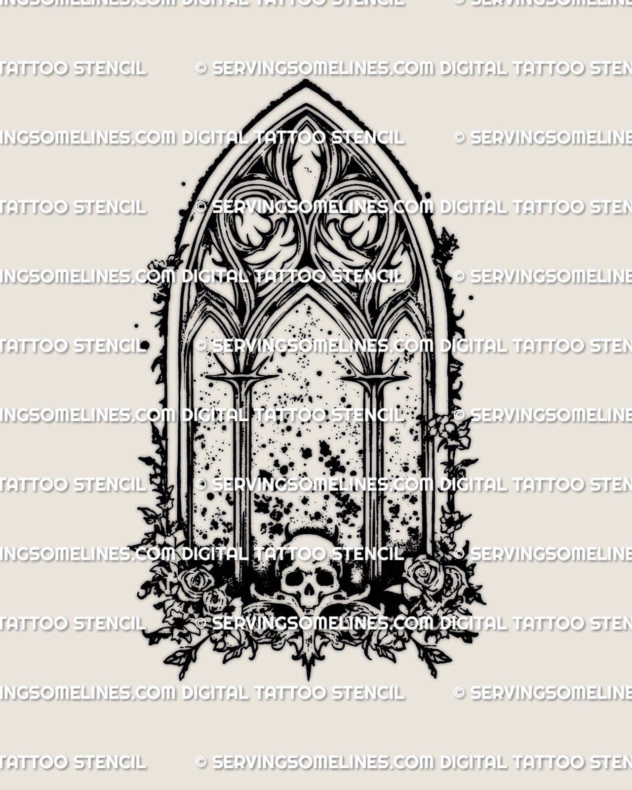 High-resolution gothic cathedral skull tattoo stencil featuring dark architectural framing and heavy blackwork, prepared as a digital stencil for professional tattoo transfer