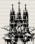 Gothic cathedral tattoo stencil drawn in detailed blackwork architecture style, designed for clean stencil transfer and readable healed tattoo results