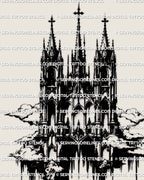Gothic cathedral tattoo stencil drawn in detailed blackwork architecture style, designed for clean stencil transfer and readable healed tattoo results