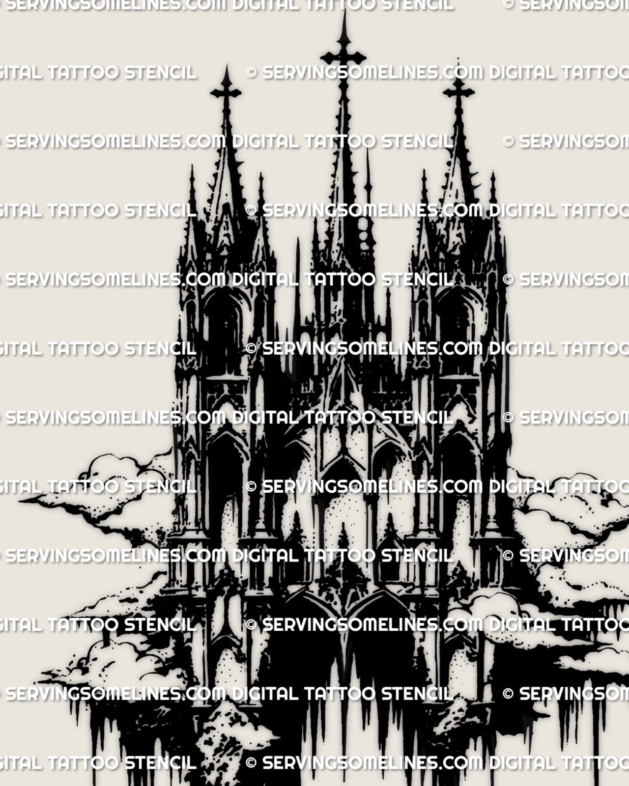 Gothic cathedral tattoo stencil drawn in detailed blackwork architecture style, designed for clean stencil transfer and readable healed tattoo results