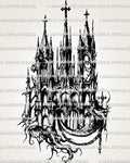 Gothic cathedral tattoo stencil design with tall spires, pointed arches, hanging chains, and dark blackwork architecture.