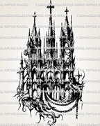 Gothic cathedral tattoo stencil design with tall spires, pointed arches, hanging chains, and dark blackwork architecture.