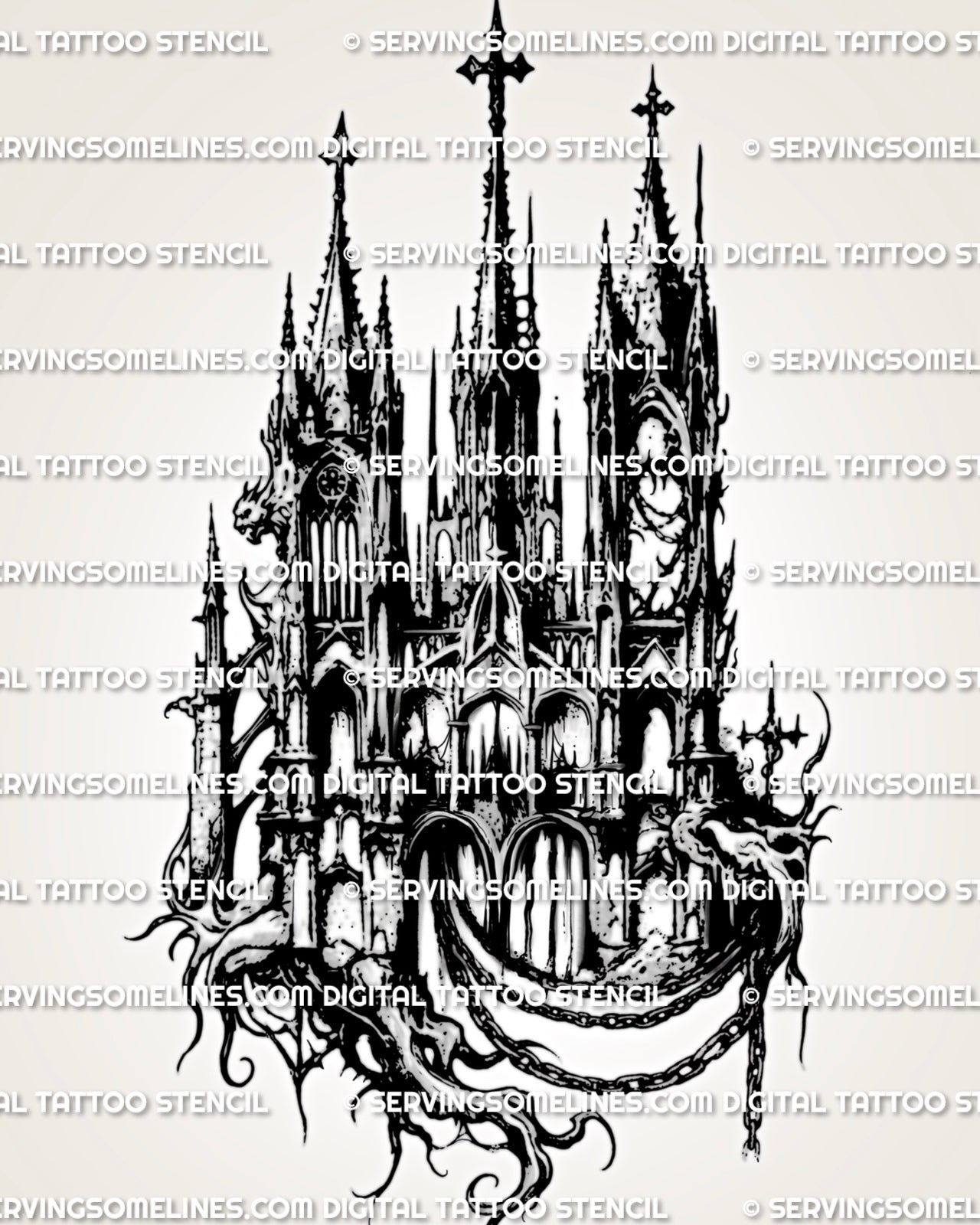 Gothic cathedral tattoo stencil design with tall spires, pointed arches, hanging chains, and dark blackwork architecture.