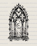 Gothic cathedral window tattoo stencil design with pointed arch frame, moon and star detail, floral base, and blackwork lines.