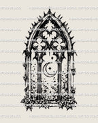 Gothic cathedral window tattoo stencil design with pointed arch frame, moon and star detail, floral base, and blackwork lines.