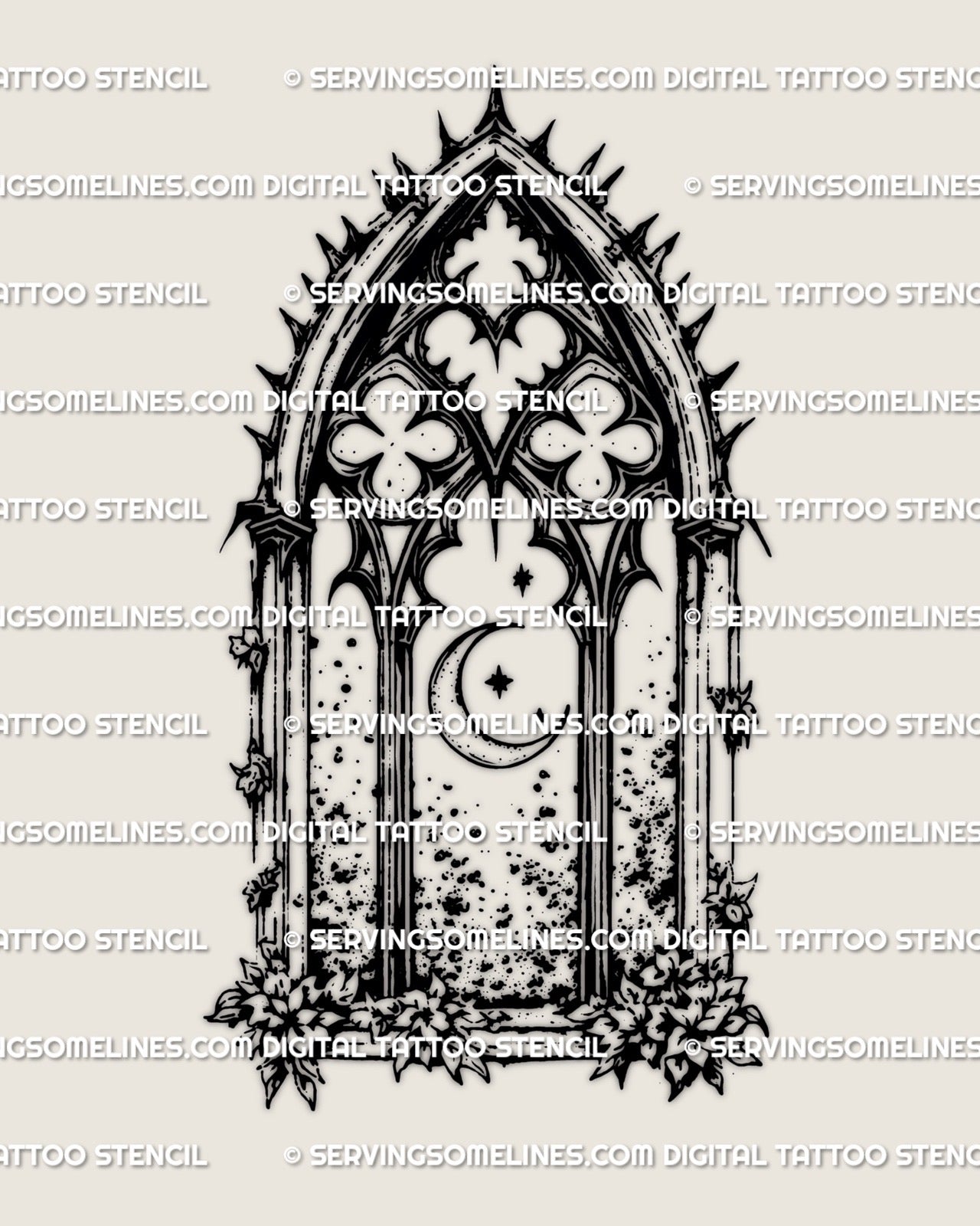Gothic cathedral window tattoo stencil design with pointed arch frame, moon and star detail, floral base, and blackwork lines.