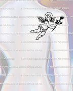 Small gothic cherub tattoo displayed on upper back shoulder, dark angel with thorn halo and rose, minimalist tattoo stencil flash. 
