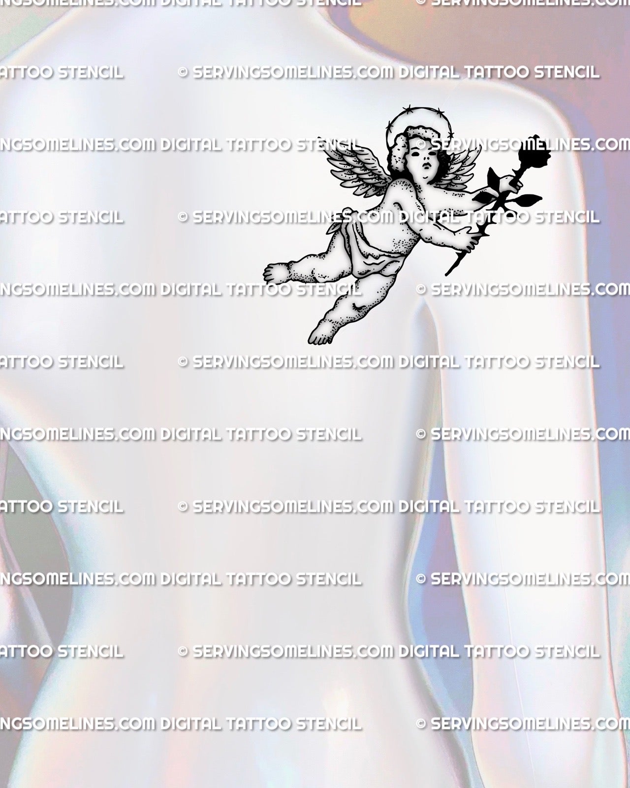 Small gothic cherub tattoo displayed on upper back shoulder, dark angel with thorn halo and rose, minimalist tattoo stencil flash. 