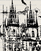 Hand-drawn cybersigilism church tattoo stencil design, gothic castle architecture digital download ready for tattoo artists. 