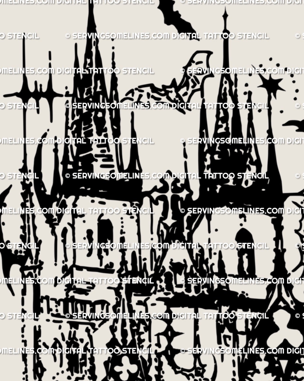Hand-drawn cybersigilism church tattoo stencil design, gothic castle architecture digital download ready for tattoo artists. 