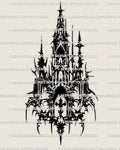 Gothic church tattoo stencil with cyber-sigil structure, pointed arches, thorned details, and a tall sacred shape.