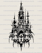 Gothic church tattoo stencil with cyber-sigil structure, pointed arches, thorned details, and a tall sacred shape.
