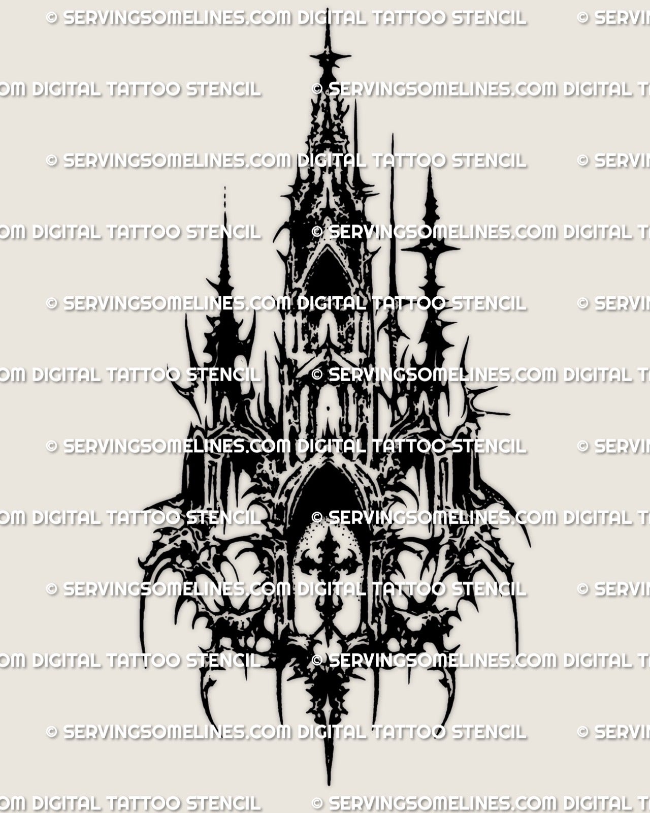 Gothic church tattoo stencil with cyber-sigil structure, pointed arches, thorned details, and a tall sacred shape.