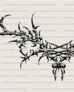 Close detail of the gothic corset lower back tattoo stencil showing the lace-up center and thorn-like outer framing.