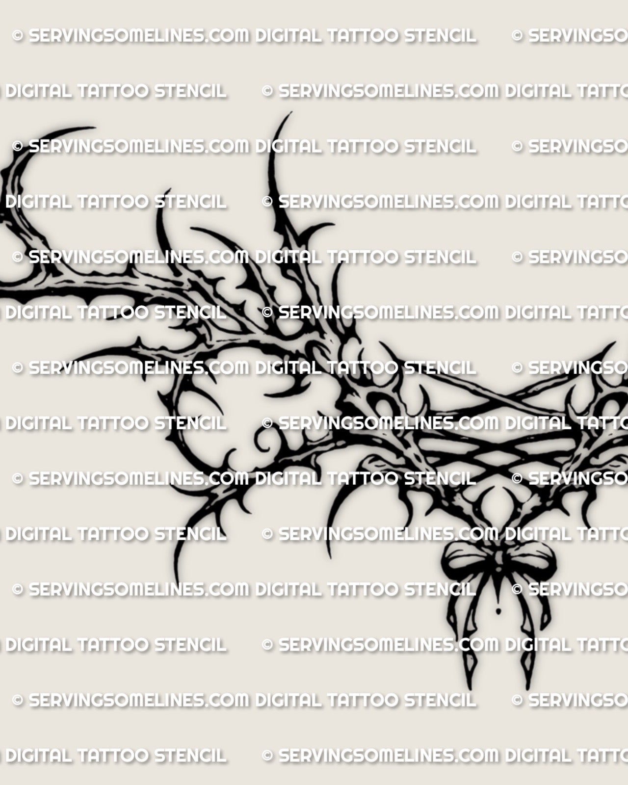 Close detail of the gothic corset lower back tattoo stencil showing the lace-up center and thorn-like outer framing.