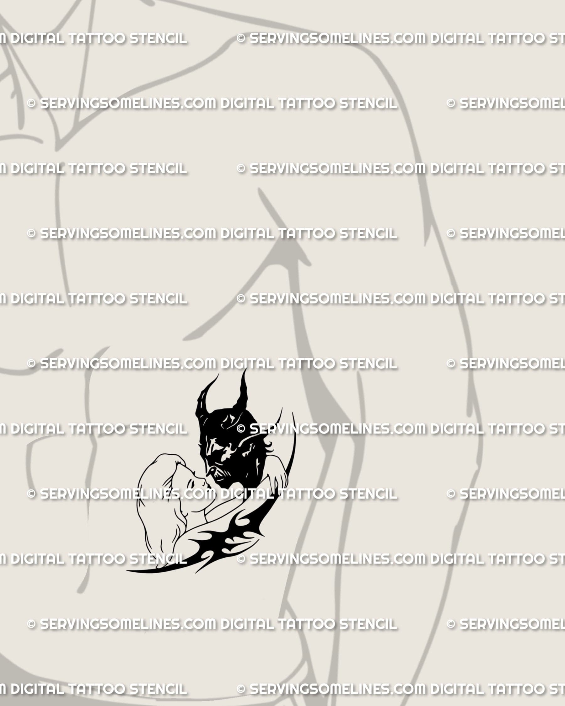 Gothic couple tattoo design of angel and demon in neotribal frame, representing love, temptation, and symbolic contrast on male ribs. 