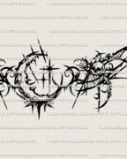 Close up of the gothic crescent moon lower back tattoo, showing the moon center, sharp framing, and dark detail.