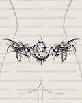 Gothic crescent moon lower back tattoo shown on lower back placement, with a centered moon and sharp dark framing.