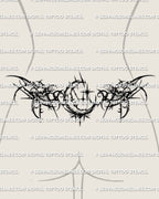 Gothic crescent moon lower back tattoo shown on lower back placement, with a centered moon and sharp dark framing.