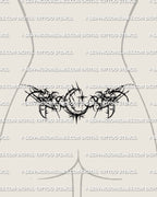Gothic crescent moon lower back tattoo shown as a tramp stamp placement, with a centered moon and dark spread across the waist.