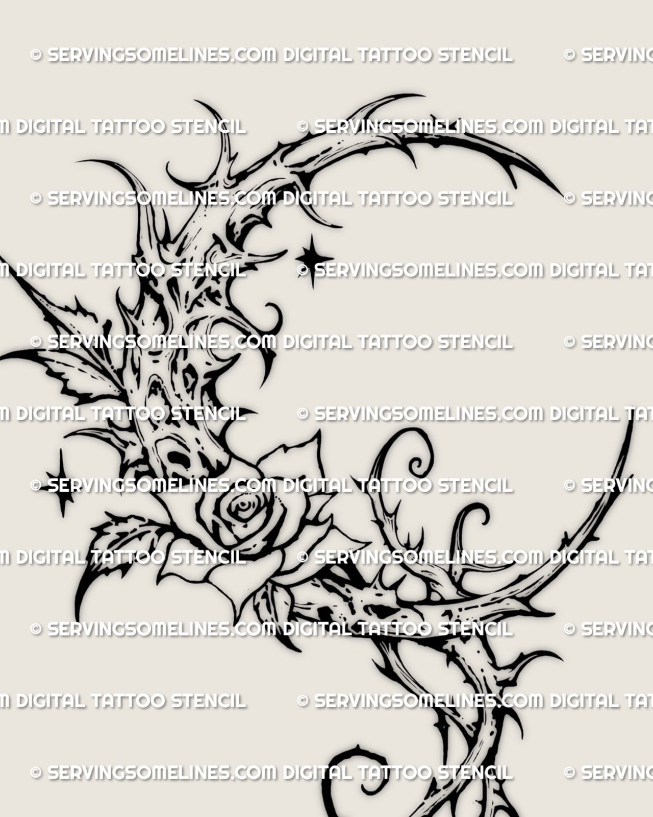 Gothic crescent moon rose tattoo stencil in fine line style with thorned details and soft shading, digital stencil file ready for tattoo transfer