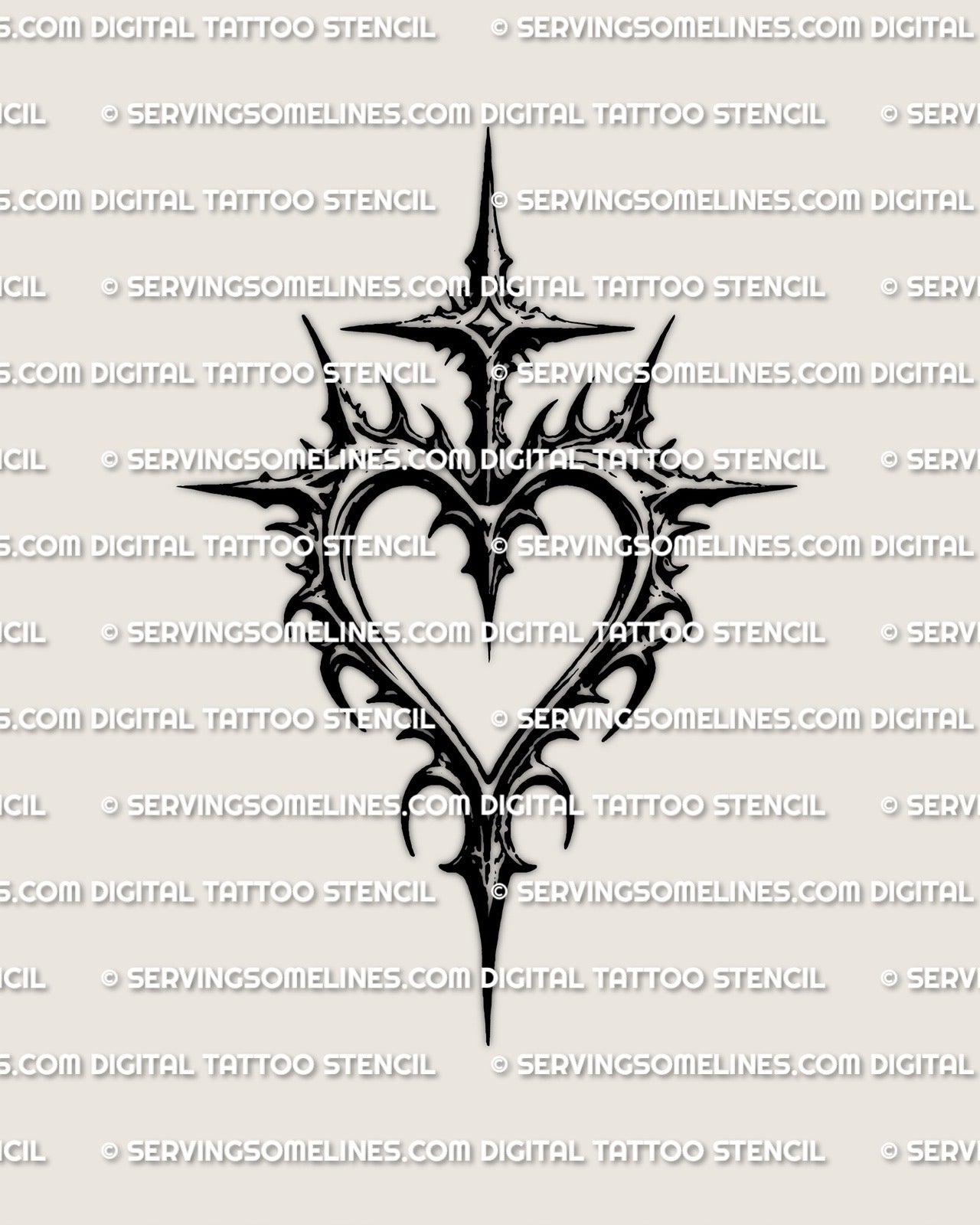 Gothic cross and heart tattoo stencil, black heart shape with integrated cross, crisp outline, printable PNG JPEG PDF