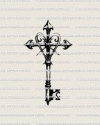 Gothic cross key tattoo with a heart loop center, sharp cross crown, and structured key teeth, minimal ornament detail, isolated design.