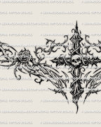Close detail of the gothic cross lower back tattoo, showing the skull, roses, thorned framing, and center cross structure.