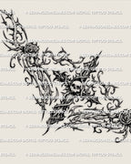 Main design view of a gothic cross lower back tattoo stencil, with a centered cross, thorned side spread, skull detail, and roses.