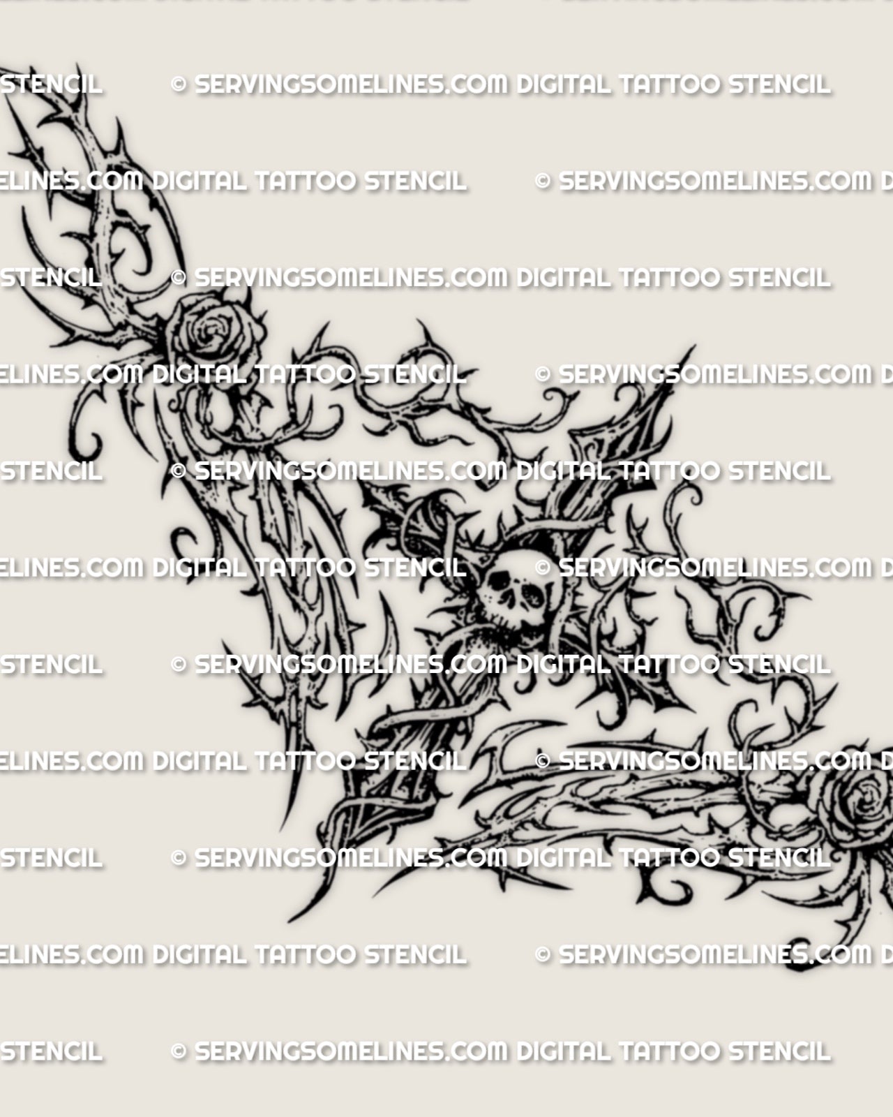Main design view of a gothic cross lower back tattoo stencil, with a centered cross, thorned side spread, skull detail, and roses.
