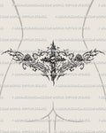 Gothic cross lower back tattoo shown on womens waist placement, with a centered cross, skull detail, rose accents, and thorned framing.