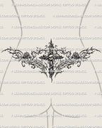 Gothic cross lower back tattoo shown on womens waist placement, with a centered cross, skull detail, rose accents, and thorned framing.