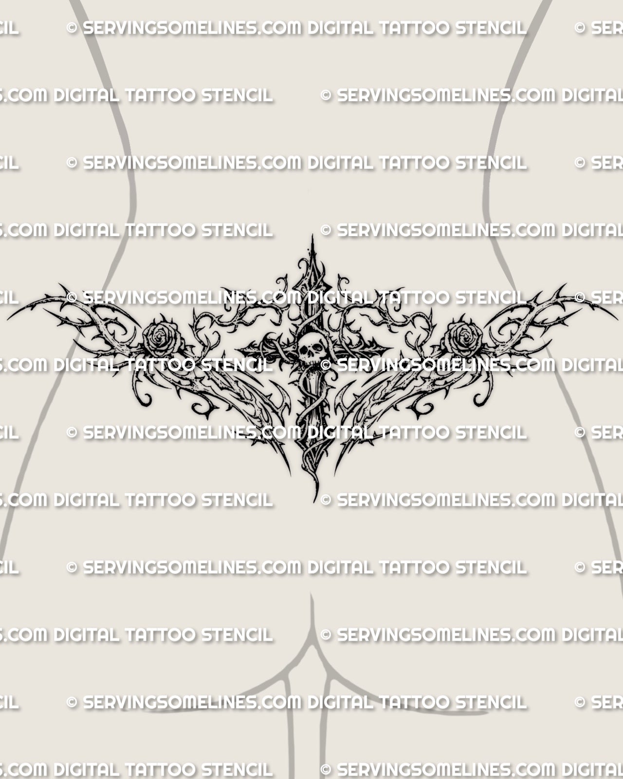 Gothic cross lower back tattoo shown on womens waist placement, with a centered cross, skull detail, rose accents, and thorned framing.