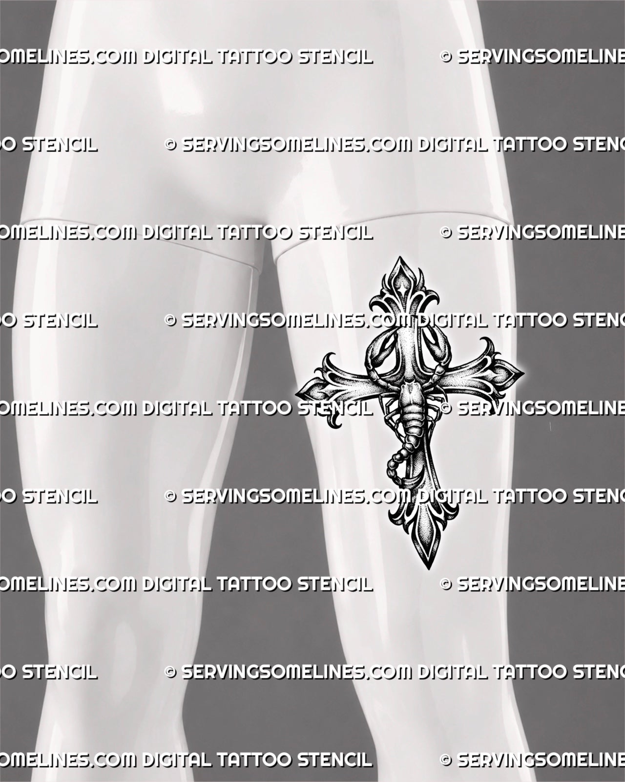 Gothic cross scorpion tattoo displayed on men’s thigh with a long vertical shape, hooked stinger, raised claws, and shaded details.