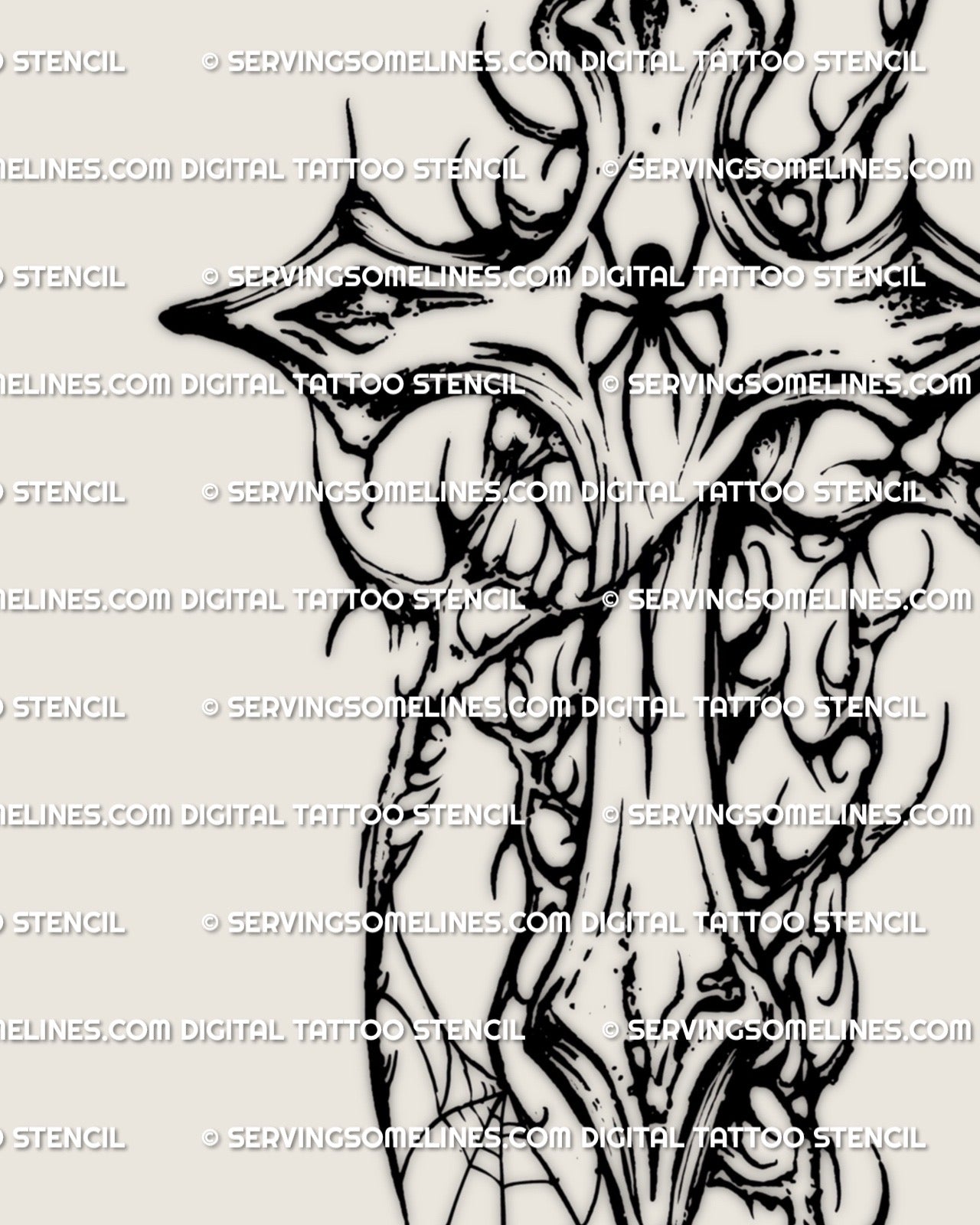 Close view of gothic cross tattoo stencil with spiderweb and spiked cyber tribal linework, detailed black outline built for male tattoo stencils.