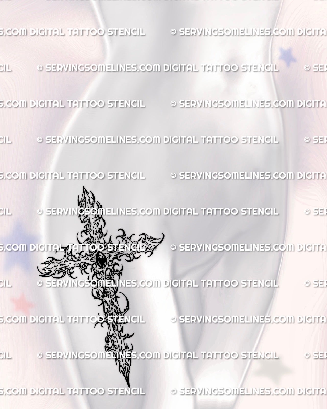 Gothic ornamental cross tattoo stencil shown on female hip placement, gemstone center design