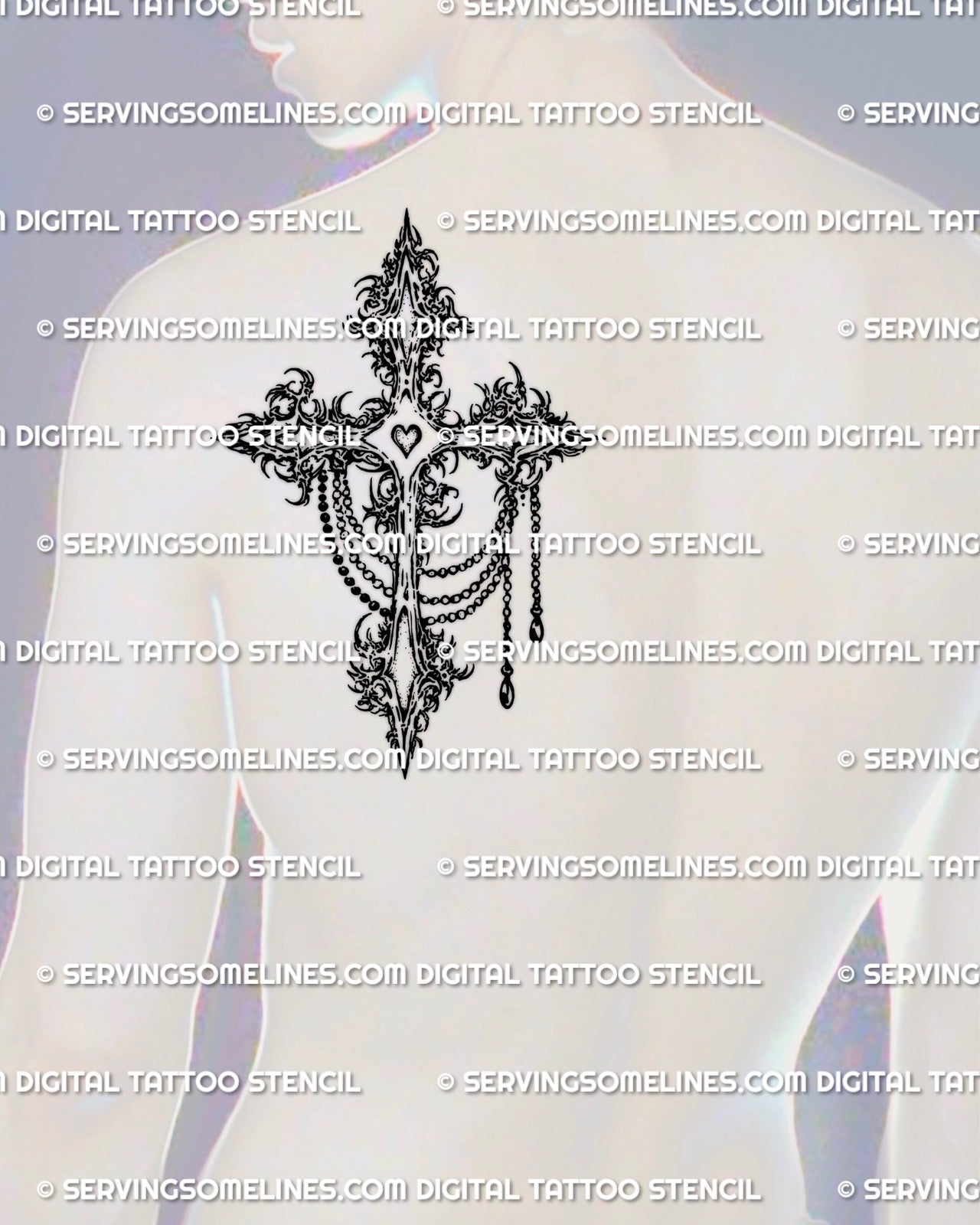 Gothic cross tattoo stencil digital design shown on mens shoulder and upper back placement with bold blackwork and decorative detailing