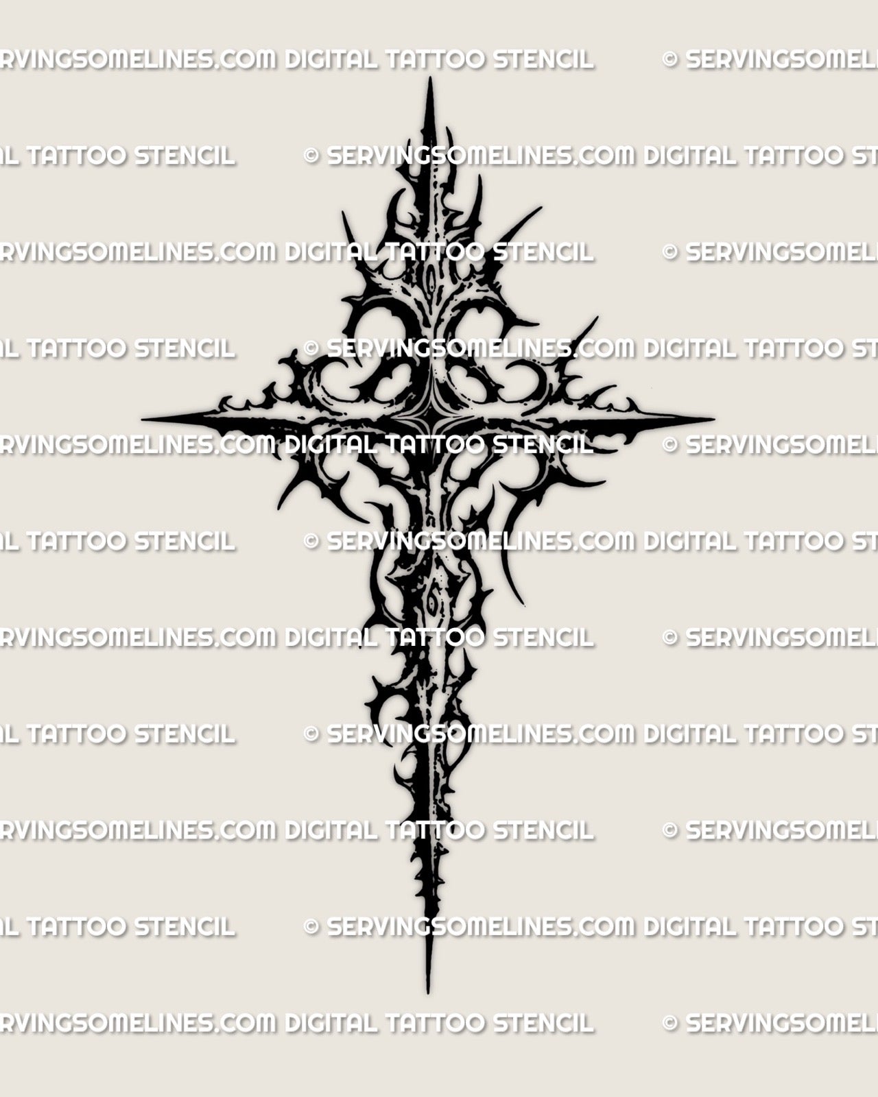 gothic blackwork cross tattoo stencil on white background, cyber neotribal design offered as a digital tattoo product
