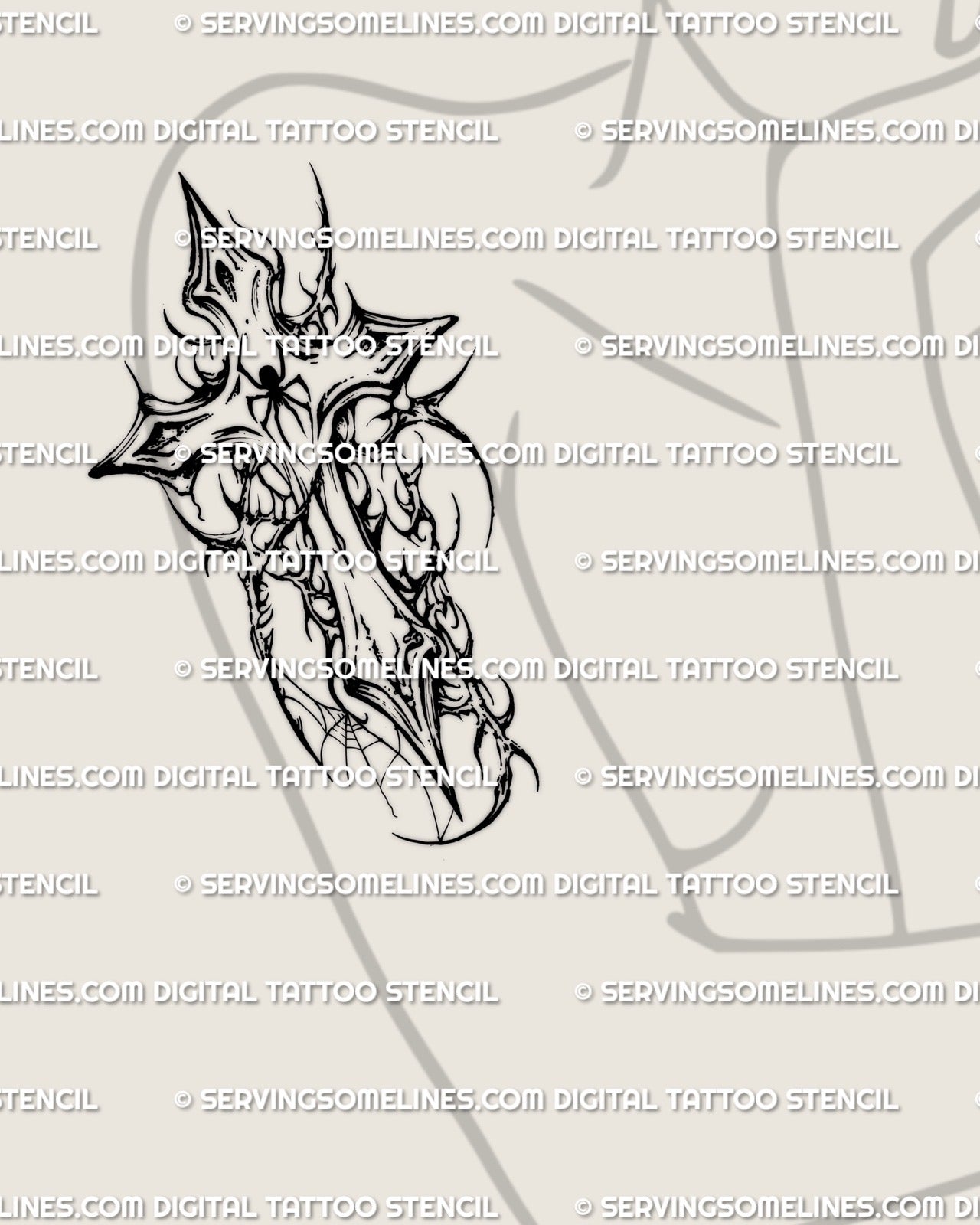 Gothic spiderweb cross tattoo stencil adapted for womens arm placement, sharp cyber tribal lines that still read clean as a stencil tattoo.