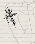 Gothic cross tattoo stencil displayed on womens arm placement with crescent moon and star ornament.