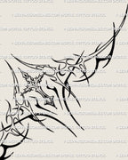 closeup of gothic cross underbust tattoo stencil showing baroque filigree detail and clean chest framing structure for women