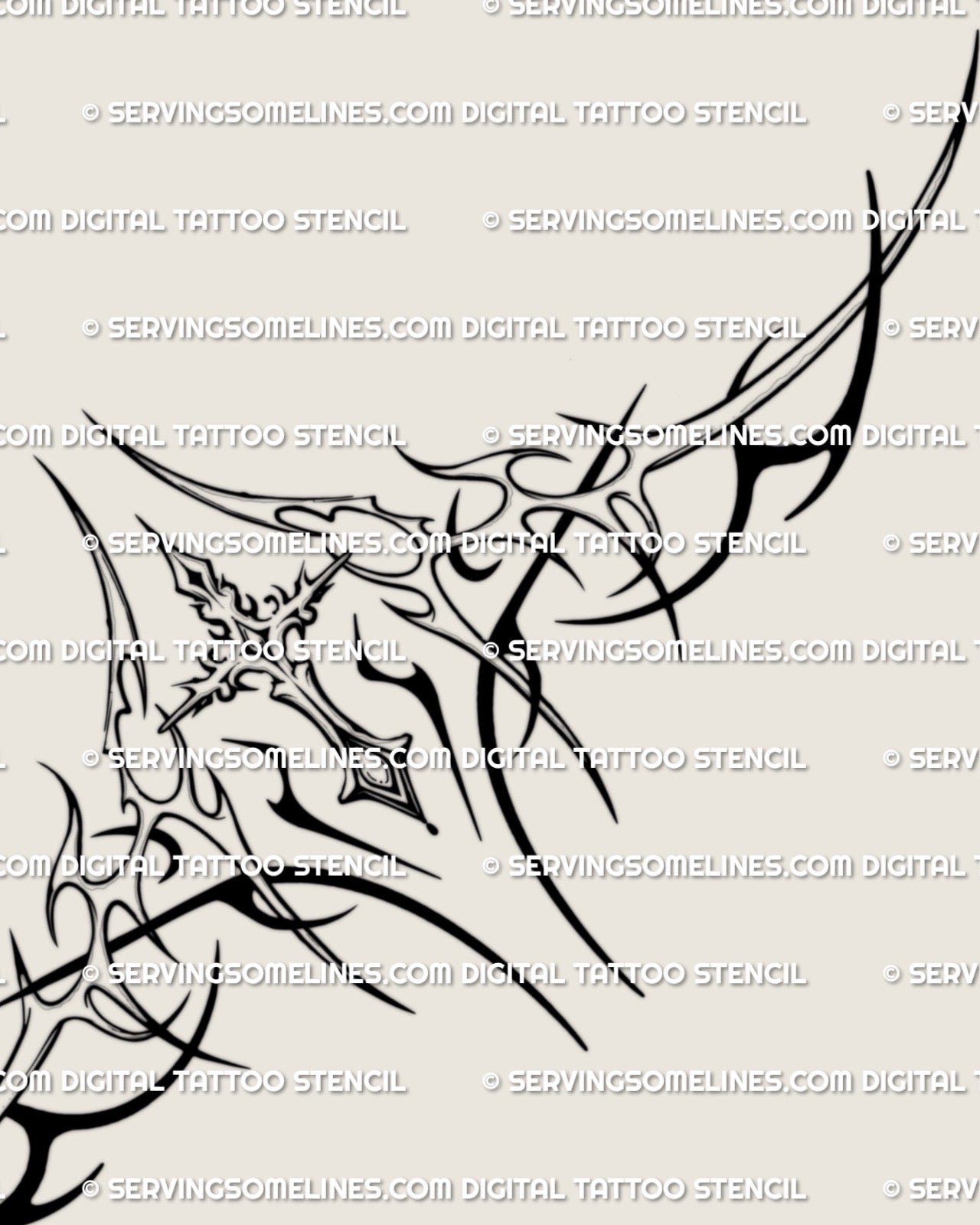 closeup of gothic cross underbust tattoo stencil showing baroque filigree detail and clean chest framing structure for women